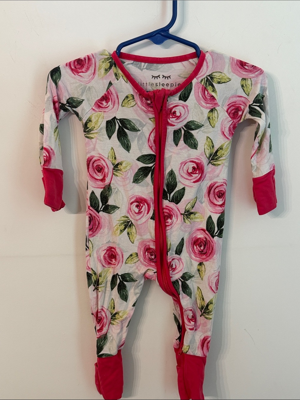 Little Sleepies Pink Rose & Green Leaf bamboo zippy 0-3m